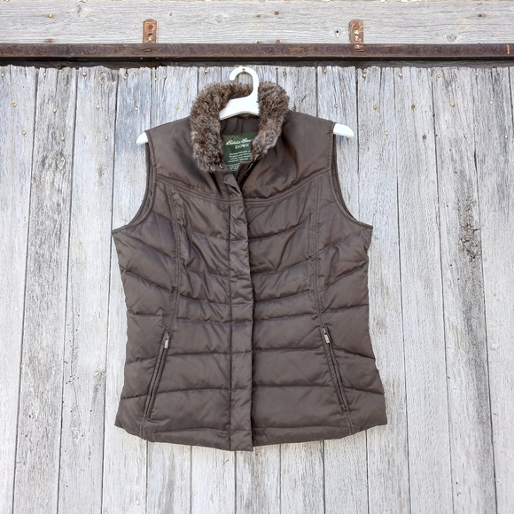 Eddie Bauer Goose Down Faux Fur Collar Quilted Brown Vest Size M - Picture 1 of 9